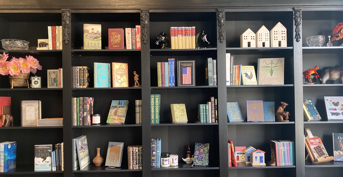 Black bookshelves styled with classic novels, vintage-look editions, and decorative pieces like candles, miniature houses, and figurines